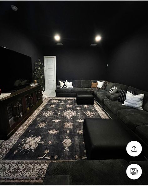 Movie Room Rug, Dark Colored Living Rooms Ideas, Dark Living Room Rug, Dark Basement Aesthetic, Dark Moody Basement Ideas, Rug On Dark Wood Floor, Dark Rugs In Living Room, Dark Rug Living Room, Dark Media Room