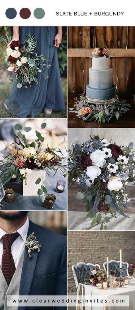 Burgundy Fall Wedding, Fall Wedding Color Ideas, Bright Wedding Colors, Blue And Burgundy, Wedding Color Ideas, Winter Wedding Colors, Bright Wedding, Wedding Colors Blue, Dusty Blue Weddings