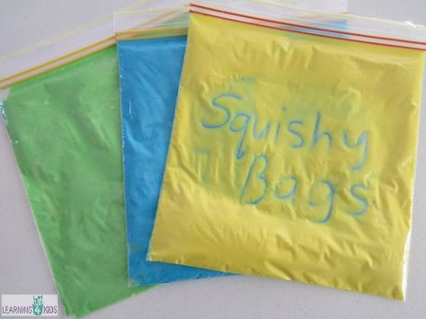 For one sensory bag, you will need 1 cup of flour, 6 tablespoons of water and food coloring.  Seal baggie with tape. Write with finger or q-tip. Sensory Learning, Sensory Bag, Sensory Bags, Pre Writing Activities, Phonics Games, Letter Formation, Pre Writing, Fine Motor Activities, Sensory Activities