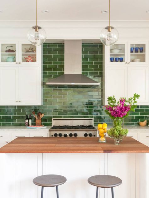 White Kitchen Green Subway Backsplash Ideas Green Kitchen Backsplash, Green Tile Backsplash, Green Subway Tile, Backsplash With White Cabinets, Model Dapur, Green Backsplash, Subway Tile Backsplash Kitchen, Interior Dapur, White Kitchen Backsplash