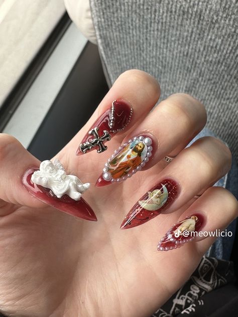 Nails Crazy Design, Nails Blood Red, Christ Nails, Blood Red Nails, Jesus Nails, Nails With Cross, Nails With, Nails Gothic, Aesthetic Jesus