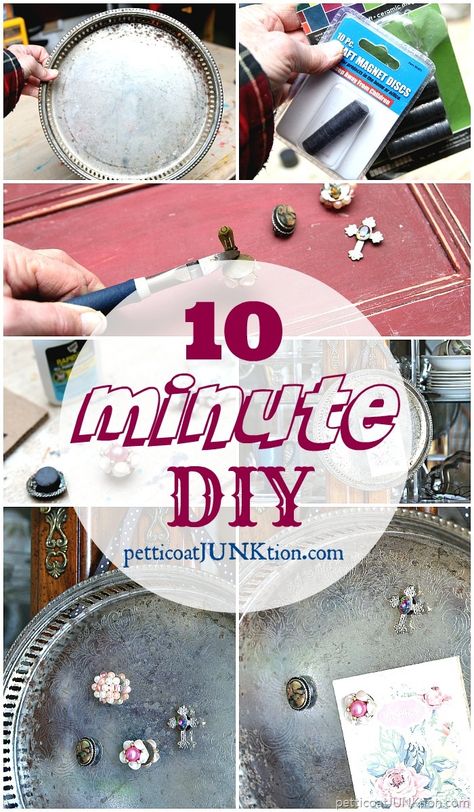 10 Minute DIY Magnet SErving Tray with Decorative Magnets | Petticoat Junktion Silver Plated Trays Repurposed, Upcycle Silver Trays, Turn Stickers Into Magnets, Repurposed Silver Serving Pieces, Decoupage Silver Trays, Diy Magnets, Silver Platters, Diy Tray, Pretty Crafts