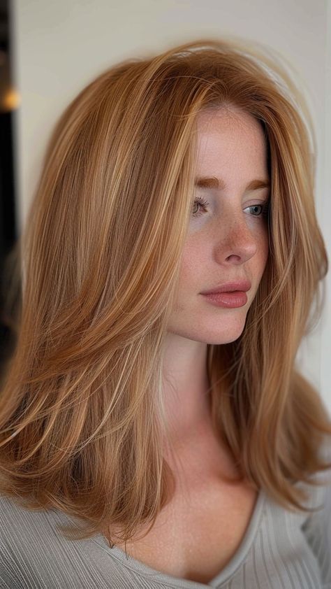 #hairstyleideas Blonde Babylights On Red Hair, Lily Bloom Hair Color, Hair Colors That Suit Olive Skin, No Layers Long Hair, Lowlights On Ginger Hair, Virgin River Mel Hair, Redhead Money Piece, Old Money Red Hair, Shoulder Length Ginger Hair