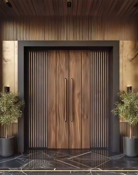 Black Marble Flooring, Modern Entrance Design, Entrance Wood Door, Elegant Entrance, Double Door Entrance, House Front Door Design, Modern Entrance Door, Modern Entry Door, House Main Door Design