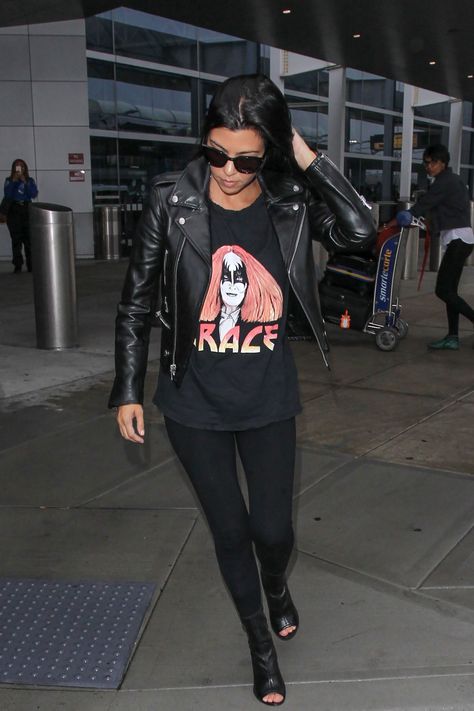 Kourtney Kardashian wears a StyleStalker tee in New York City on Sept. 13, 2015. - Cosmopolitan.com Celebrity Concert Outfits, Kourtney Kardashian Goth Style, Kourtney Kardashian Rock Style, Kourtney Kardashian All Black Outfit, Kourtney Kardashian Leather Jacket, Kourtney Kardashian 2017 Style, Kourtney Kardashian 2016, Kourtney Kardashian Style, Kardashian Outfit