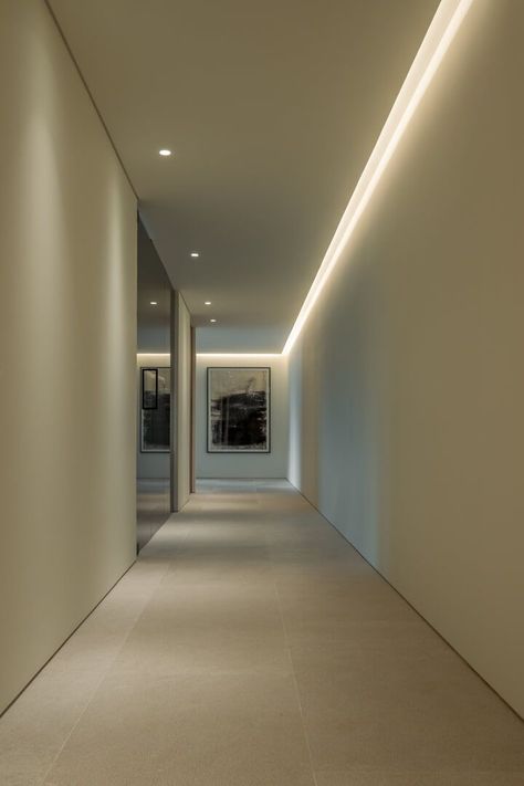 Negre Studio: B11 House is situated in Son Vida, one of the most privileged neighborood of Palma. It's spectacular location is perfectly enhanced through its architecture.⁠ #architecture #house #fashion #decor #diy #homedecor #amazingarchitecture #interiordesign #contemporaryhome #modern #residence #designer Led Hallway Lighting, Modern Tv Wall Unit, Home Decor Ideas Minimalist, Tv Wall Unit Designs, Living Room Designs Modern, Minimalist Ideas, Wall Unit Designs, Modern Tv Wall Units, Corridor Design