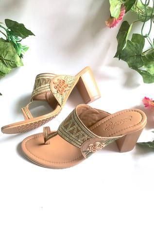 Shop for Sole House Beige Leather Embroidered Kolhapuri Block Heels Online at Aza Fashions Bridal Sandals Heels, Indian Sandals, Fancy Sandals, Indian Shoes, Ladies Shoe, Rose Corsage, Womens Footwear, Pretty Sandals, Footwear Fashion