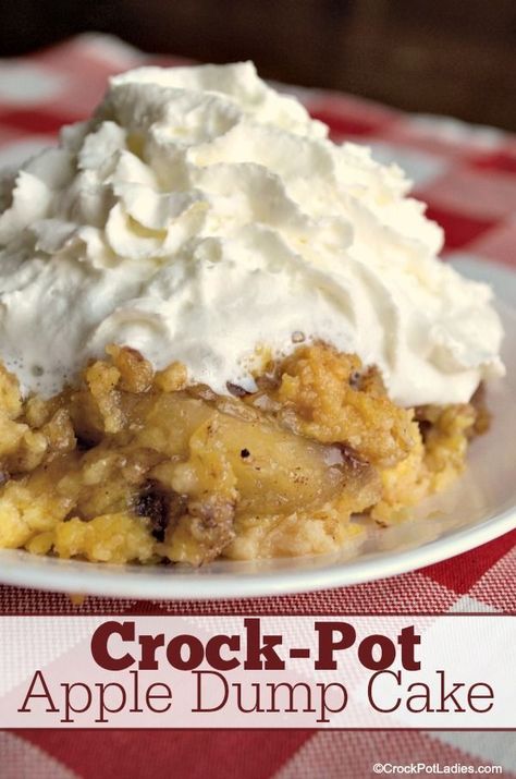 Crock-Pot Apple Dump Cake - Just 5 simple ingredients and you have this deliciously simple recipe for Crock-Pot Apple Dump Cake. Perfect for a cool fall day when you are craving something sweet! Top with whipped cream or ice cream to send this simple dessert over the top! [Low Sodium & Vegetarian] #CrockPotLadies #CrockPot #SlowCooker #Desserts #DumpCake #5IngredientsOrLess Crockpot Treats, Crockpot Apple Dump Cake, Applebees Recipes, Crockpot Cake, Apple Dump Cake Recipe, Simmering Pot, Apple Dump Cake, Crockpot Apple, Dinner Planner