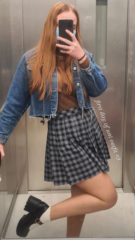 Blue Tweed Skirt Outfit, Plaid Tennis Skirt, Black Mary Janes, Denim Jacket Black, Plaid Skirt Outfit, Black Denim Jacket, Cropped Denim Jacket, Plaid Skirt, Tennis Skirt