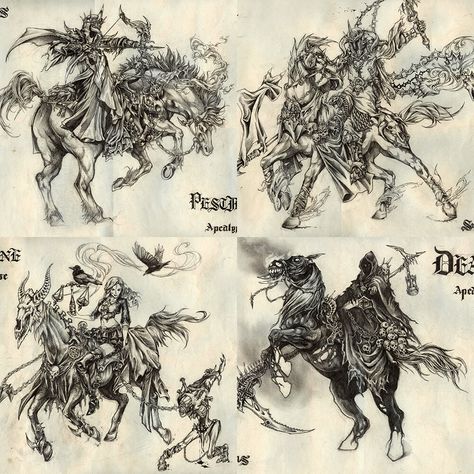 Four Horsemen of the Apocalypse 2012, Wenmo Zhang on ArtStation at https://www.artstation.com/artwork/QzdWn8 Four Horsemen Tattoo Design, Horsemen Tattoo, Pestilence Horseman, Four Horsemen Of The Apocalypse Tattoo, Apocalypse Tattoo, Coyote Tattoo, Four Horsemen Of The Apocalypse, Four Horseman, Apocalypse Art