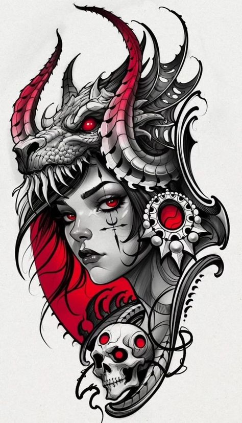 Traditional Tattoo Woman Face, Traditional Tattoo Woman, Tattoo Uk, Dragon Tattoo For Women, Chicano Style Tattoo, Tattoo Outline Drawing, Wicked Tattoos, Dark Art Tattoo, Tattoo Style Drawings