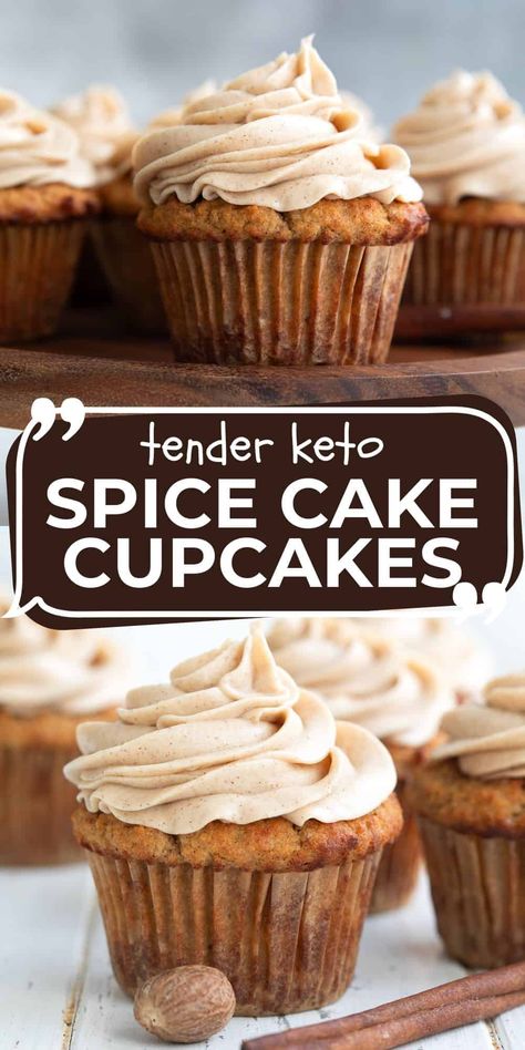 Cozy fall flavors abound in deliciously tender Keto Spice Cake Cupcakes. These moist cupcakes are topped with a dreamy cinnamon cream cheese frosting for the perfect fall dessert. #ketocakes #lowcarbdesserts #spicecake Keto Pumpkin Cupcakes, Low Cal Cream Cheese Frosting, Paleo Cream Cheese Recipes, Keto Pumpkin Spice Cake, Keto Thanksgiving Recipes Dessert, Keto Cupcakes Easy, Spice Cake Cupcakes, Keto Cupcake Recipes, Keto Spice Cake