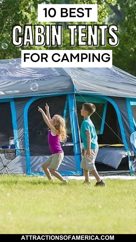 10 best cabin tents for camping with photo of a cabin tent and a family playing in front of it. Family Tents For Camping, Tent Camping With Kids, 50 States Travel, Tents For Camping, Group Camping, Instant Tent, Cabin Tent, Camping Stuff, Family Tent