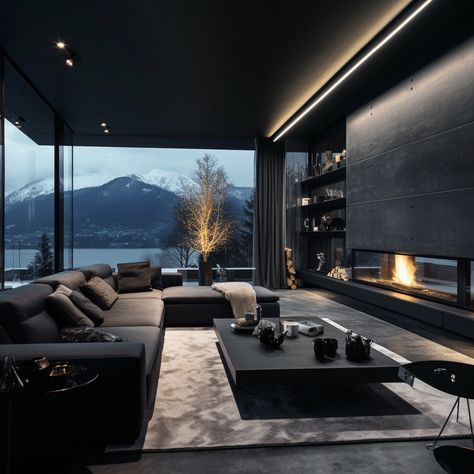 Shadowcast on Behance Dark Luxury House Interior, Dark Modern House Interiors Bedroom, House Interior Dark Wood, Matte Black House Exterior, Dark Modern Living Room, Dark House Interior, Black House Interior, Dark Modern House, Idea Bedroom