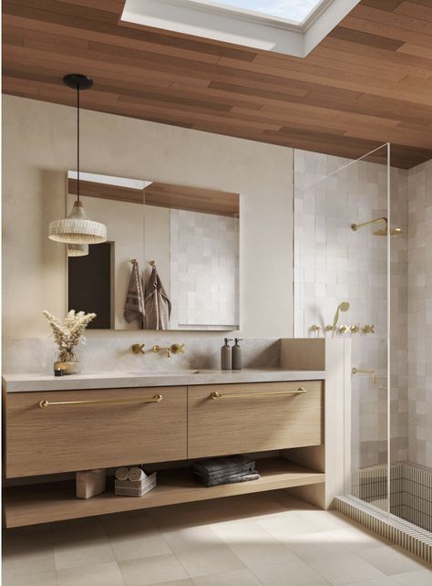 Beautiful bathroom design featuring natural materials, wood vanity and calming colors.  #bathroom #bathroomdesign #bathroomremodel #interiordesign Maple Bathroom Vanity, Wooden Bathroom Cabinets, Beautiful Bathroom Designs, Primary Bath, Wooden Bathroom, Wood Vanity, Full Bathroom, Wood Bathroom, Calming Colors