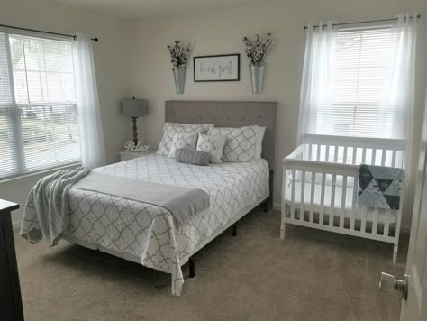 Nursery With A Bed In It, Parents Room With Crib, Crib And Queen Bed Shared Room, Cot In Bedroom, Small Bedroom Ideas With Crib, Bedroom With Crib And Bed Ideas, Bedroom Ideas With Crib, Crib In Master Room Ideas, Newborn Shared Room With Parents