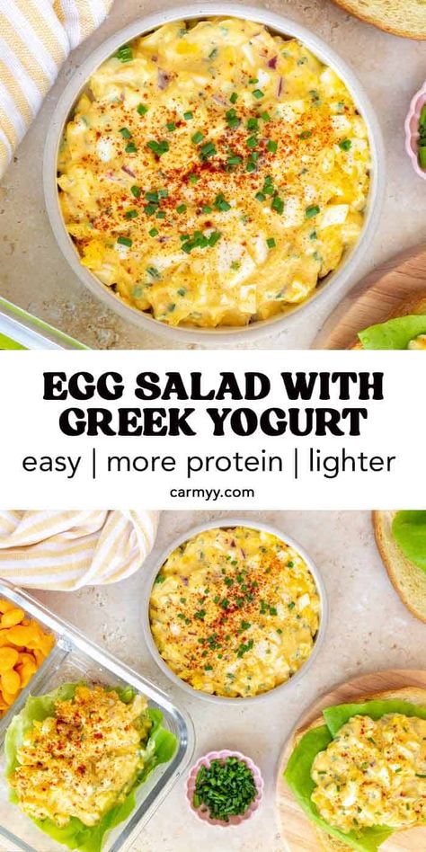 Creamy, tangy, and flavorful, this egg salad with Greek yogurt is going to be your new go-to high-protein, healthy lunch recipe! Perfect in a sandwich or pita bread, over a bed of greens, on its own, or with crackers, this high-protein egg salad is a versatile recipe you can meal prep for an easy lunch throughout the week. Egg Salad Lunch Ideas, Egg Salad Recipe High Protein, Ww Egg Salad Recipe, Healthy Egg Sandwich Recipes, Healthy Egg Salad With Greek Yogurt, Healthy Greek Yogurt Recipes Dinner, Healthy High Protein Egg Salad, Egg Salad Without Mayonnaise, Low Cal Egg Salad