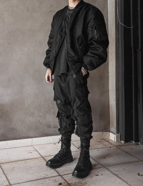 Techwear, Streetwear, Bomber Jacket, Jacket, Cargo Pants, Tech Pants, Emo, Black, Dark, Outfit, Black Outfit, All Black Outfit, Future, Futuristic, Darkwear, Cyberpunk, Chains, Eboy, Anime Boy, Kpop, Fashion, Streetstyle, Techno, Aesthetic, Photography, Urban, Urban Style, Boots, Combat Boots, cyberpunk edgerunners, edgerunners Tech Wear Aesthetic Outfits, Mens Techwear Aesthetic, Black Tech Outfit, Men’s Cyberpunk Outfit, Tactical Wear Aesthetic Men, Techwear Outfits Aesthetic, Cyberpunk Outfit Casual, Techwear Men Outfit Aesthetic, Outfit Ideas Techwear