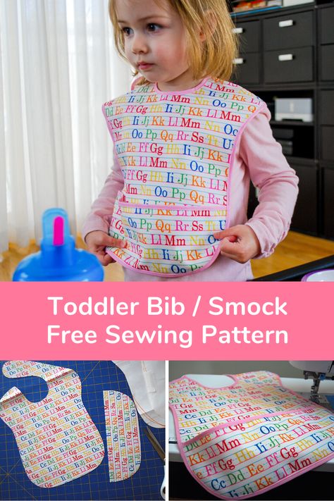 Sew this toddler bib / art smock for growing kids! This free sewing pattern printable and DIY tutorial is easy for beginners to sew for older babies and toddlers. This large bib features an optional deep pocket to catch spills. Download this free toddler bib pattern to see how to make it yourself from fabric or hand towels! #sewing #bib   #toddler #sew #DIY #freepattern #pattern #printable #sewingpattern #bibs #toddler #sewingforkids Toddler Bibs Pattern, Baby Bibs Patterns Free, Toddler Bib, Toddler Patterns, Trendy Sewing Patterns, Baby Bibs Patterns, Toddler Bibs, Bib Pattern, Free Sewing Pattern