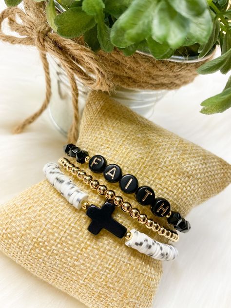 *3PC Set *Made to fit your wrist just right ❤️ Christian Bracelet Ideas, Bead Bracelets Diy, Chip Bead Jewelry, Stretch Beaded Bracelets Diy, Bracelet Clay, Motivational Clothing, Letter Bracelets, Heishi Bracelets, Cross Bracelets