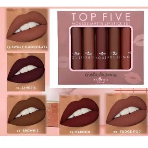 5 Mousse Matte Lipstick Set. Lipstick Colors Included 27-Sangria, 29-Fudge Pop, 26-Brownie, 25-Maroon, 23-Sweet Chocolate Mocha Lipstick, Chocolate Lipstick, Italia Deluxe, Fudge Pops, Matte Lipstick Shades, Matte Lipstick Set, Matte Colors, Brown Lipstick, Animals Funny