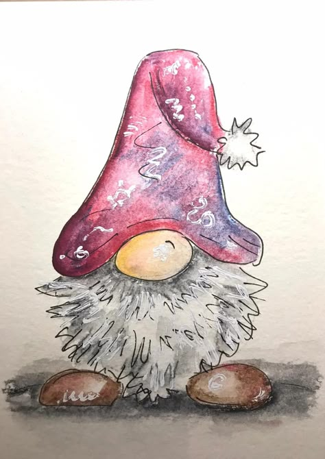 Watercolor Gnomes Christmas, Happy Painting Weihnachten, Watercolour Gnomes, Watercolor Gnomes, Watercolor Christmas Cards Diy, Watercolor Gnome, Gnome Watercolor, Learn Watercolor Painting, Winter Watercolor