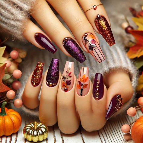 A stunning set of coffin-shaped wedding nails inspired by the fall season, featuring rich colors like deep plum, burnt orange, and golden shimmer. The design includes intricate details such as tiny leaf embellishments, subtle marbling, and glitter accent nails, with a mix of glossy and matte finishes Thanksgiving Nail Designs Stiletto, Fall Nail Designs Floral, Cute Fall Coffin Nails, Plum Fall Nails Design, Gold Fall Nail Designs, Fall Nail Designs November, Elegant November Nails, Burgundy And Orange Nails, Autumn Nails Purple