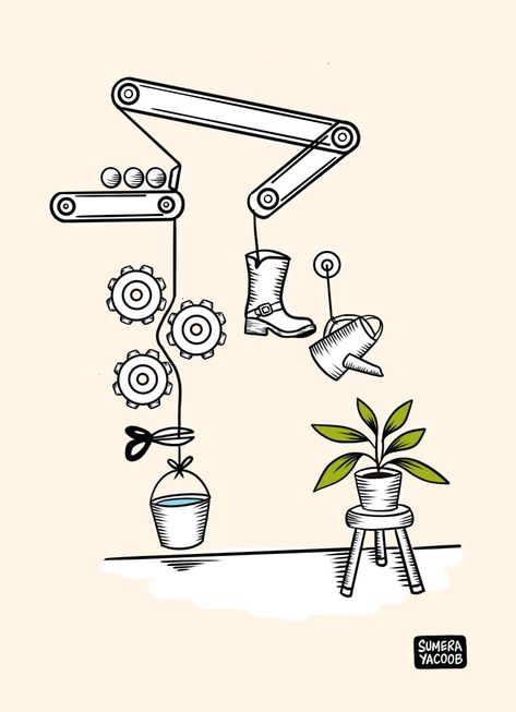 Rube Goldberg machine watering a plant Goldberg Machine, Mechanical Drawing, Rube Goldberg Machine, Rube Goldberg, Inheritance Games, Line Work, Piece Of Me, Bedroom Inspo, Diy Toys