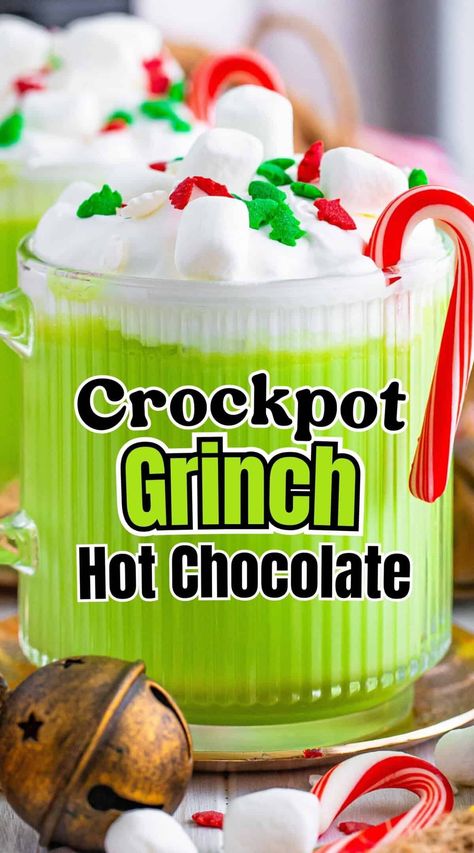 Merry Grinchmas! This green Grinch hot chocolate recipe is the perfect drink to make for a family movie night during the holiday season. It's rich, sweet, creamy, and delicious and pairs beautifully with any Christmas cookie. Grinch Non Alcoholic Drinks, Elf Movie Themed Drinks, The Grinch Hot Chocolate, Grinch Date Night, Snacks To Go With Hot Chocolate, Grinch Hot Chocolate Crock Pot, Grinchmas Movie Night, Christmas Snacks For Movie Night, Grinch Family Movie Night