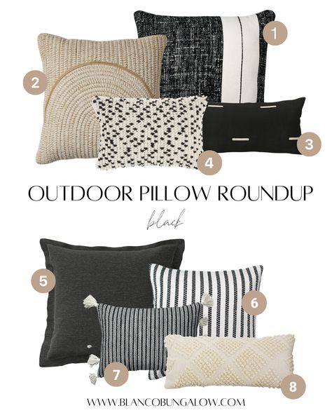 Round Outdoor Seating, Patio Pillows Outdoor, Grey Outdoor Furniture, Black Couches, Spanish Bungalow, Patio Couch, White Couches, Black And White Pillows, Patio Pillows