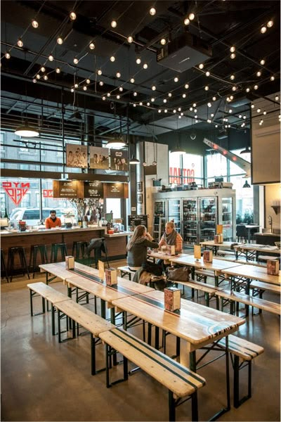 Industrial Food Hall, Industrial Food Court, Cafe Ceiling Design, Food Hall Design, Picnic Benches, Food Court Design, Cafeteria Design, Brewery Design, Long Tables