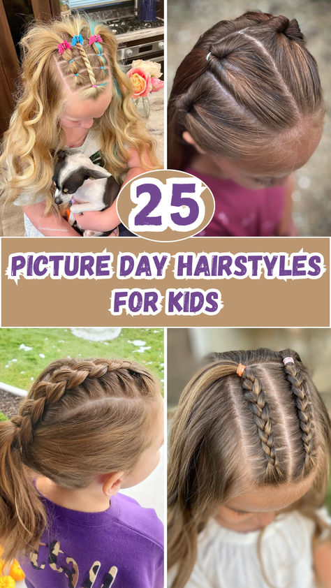 Get your little one camera-ready with these 25 adorable hairstyles perfect for Picture Day! From cute braids to easy ponytails, these ideas will make sure your kid looks their best with minimal effort. Explore stylish and simple looks that are fun, quick, and perfect for kids of all ages! Hair Picture Day School, Easy Kids Picture Day Hairstyles, Cute Hairstyles For Preschoolers, Half Up Sporty Hairstyles, Cute Hair Styles For Girl Kids, White Girl Hairstyles Kids, Kids Hair Ideas Easy, Easy Hairstyles For Picture Day For Kids, Cute Hairstyles For Family Pictures