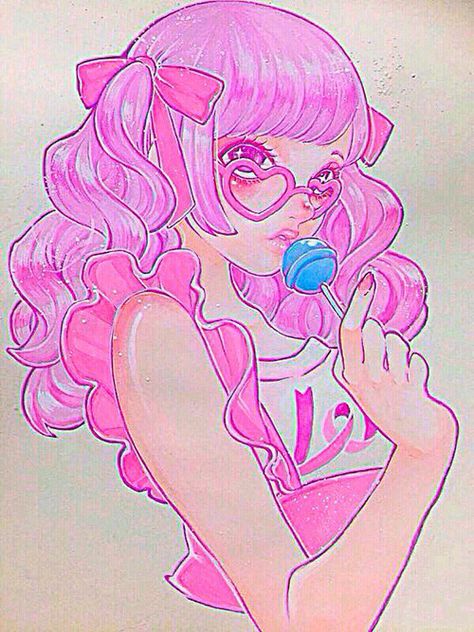 Girl with pink hair & wearing pink heart shaped sunglasses & holding a blue lollipop art Holding Lollipop, Lollipop Art, Blue Lollipop, Pastel Fairy, Pastel Goth Art, Girl With Pink Hair, Fairy Hair, Hair Drawing, Shaped Sunglasses