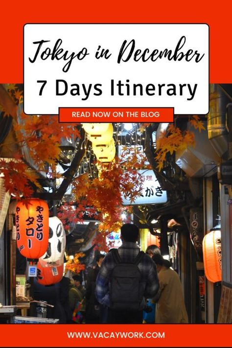 A narrow street in Tokyo decorated with orange maple leaves and red lanterns. A man is walking under the lanterns. Overlaid text reads 'Tokyo in December 7 Days Itinerary' with a call to action 'Read Now on the Blog' and the website www.vacaywork.com. Tokyo In December, Tokyo December, Tokyo Tourist Attractions, Tokyo Winter, Japan January, Tokyo Itinerary, Tokyo Guide, Things To Do In Tokyo, Tokyo Travel Guide