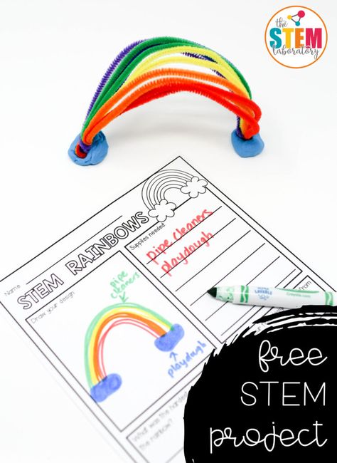 This simple STEM challenge will be perfect for Pre-K, kindergarten or first grade. My kids love STEM activities!  #stemforkids #stemlearning #steamkids #kidsstem #stem #kidssteam Rainbow Stem, Simple Stem Challenges, Spring Stem Activities, Stem Bins, Stem Activities Preschool, Kindergarten Stem, Elementary Stem Activities, Steam Ideas, Rainbow Activities