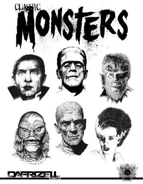 Classic Horror Movie Characters, Classic Horror Monsters, Classic Monsters Tattoo, Classic Horror Movie Tattoos, Classic Horror Tattoo, Universal Monsters Tattoo, Monsters Tattoo, Classic Horror Characters, Tattoo Monster