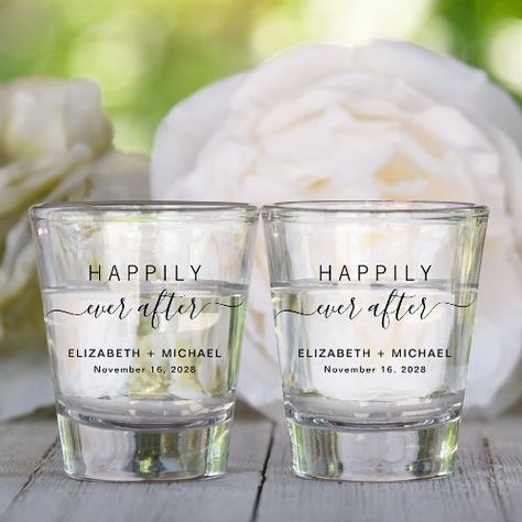 $8.45 | Happily Ever After Wedding Favor #wedding reception, happily ever after, party favor, keepsake, souvenir, modern, script, couple, married, bride groom Wedding Reception Party Favors, Wedding Favours Shots, Happily Ever After Wedding, Ever After Wedding, Modern Wedding Reception, Bride And Groom Glasses, Wedding Tumblers, Simple Typography, Wedding Mementos