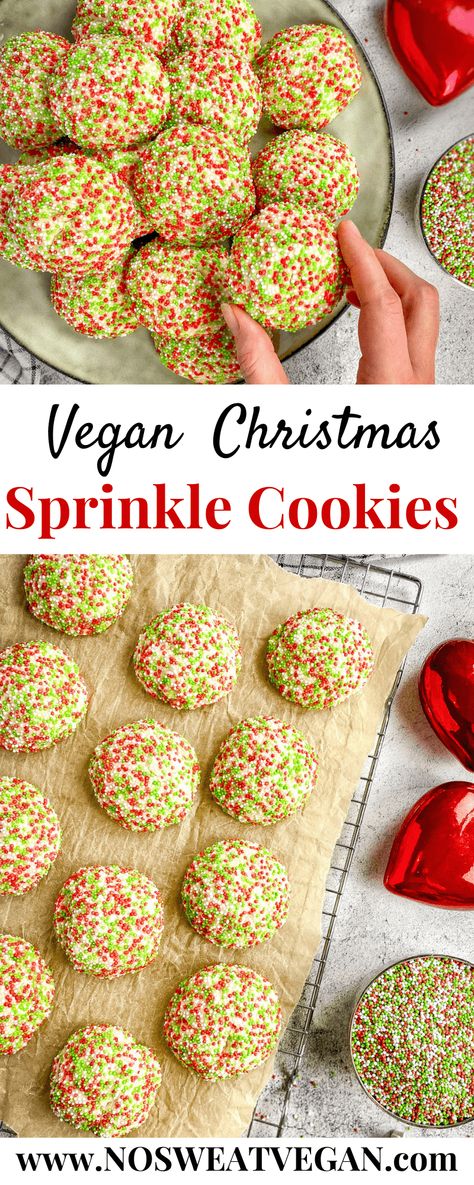 These Vegan Christmas Cookies are soft and chewy on the inside, with a satisfyingly crunchy exterior. Swap out different types of sprinkles for a versatile and delicious winter treat. Perfect for adding to your holiday table or giving out as an edible gift! Vegan Holiday Cookies Recipes, Vegan Grinch Cookies, Vegan Sprinkle Cookies, Vegan Holiday Party Food, Christmas Cookies Recipes Vegan, Vegan Christmas Sugar Cookies, Plant Based Christmas Cookies, Vegan Christmas Baking Recipes, Christmas Vegan Cookies