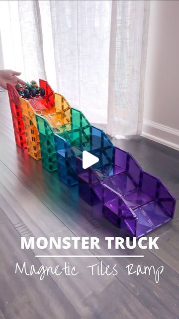 Magnetic Tile Ramps, Building With Magnetic Tiles, Diy Monster Truck Ramps, Monster Truck Tracks Diy, Diy Monster Truck Arena, Monster Truck Craft, Magnatiles Ramp, Monster Truck Storage Ideas, Monster Truck Activities