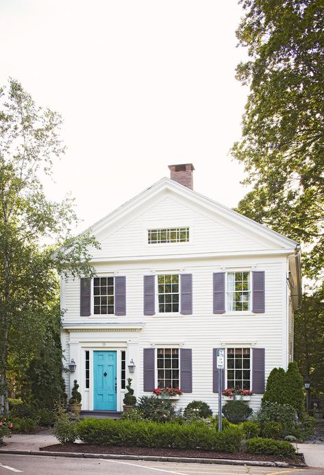 colonial-style-home-blue-door-purple-shutters-d6b85f63 Modern Exterior Paint Colors, Best Exterior House Paint, House Shutters, Exterior House Color, Colonial Style Homes, Exterior Color Schemes, House Color Schemes, Exterior Paint Colors For House, Front Door Colors