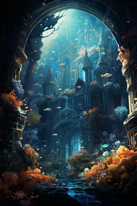 Aesthetic Marine Life, Underwater Digital Art, Life Drawing Sketches, Marine Life Drawing, Marine Life Poster, Underwater Castle, Lost City Of Atlantis, Sunken City, Underwater Painting