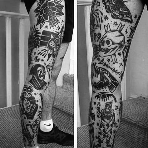 Gentleman With Full Leg Sleeve Traditional Tattoos Traditional Tattoo Leg Sleeve, Traditional Tattoo Filler, Traditional Tattoo Man, Full Leg Tattoos, Neotraditional Tattoo, History Tattoos, Skull Sleeve Tattoos, Traditional Tattoo Sleeve, Tattoo Inspiration Men