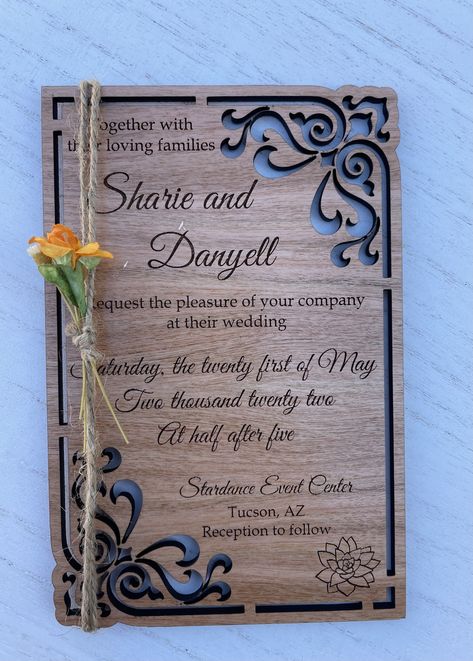 Wood Engraving Gift Ideas, Laser Wedding Ideas, Wedding Laser Cut Ideas, Wooden Engraved Gifts, Wooden Wedding Invitations, Rustic Beach Wedding, Laser Cut Decor, Laser Cut Wood Crafts, Dark Sense Of Humor