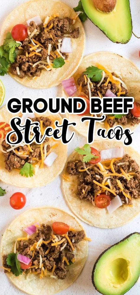 ground beef street tacos with toppings Ground Beef Street Tacos Recipe, Ground Beef Street Tacos, Mexican Taco Seasoning, Beef Street Tacos, Easy Tacos, Taco Recipes Ground Beef, Street Taco Recipe, Tacos Recipes, Beef Tacos Recipes