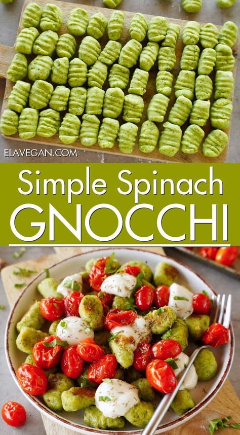 4-ingredient homemade spinach gnocchi is tender, fluffy, comforting, vibrant, 100% egg-free (you don’t need it!) & optionally gluten-free. A perfect way to sneak in more greens! #spinachgnocchi #homemadegnocchi #greengnocchi #vegangnocchi #glutenfreegnocchi #elasrecipes | elavegan.com Fluffy Gnocchi Recipe, Gluten Free Gnocchi Recipes, Gnocchi Recipes Healthy, Spinach Gnocchi, Gnocchi Recipes Homemade, Gluten Free Gnocchi, Homemade Gnocchi, Vegan Parmesan Cheese, Homemade Noodles