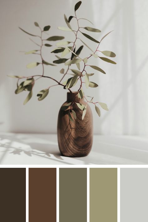 This brown and green palette depicts a minimalist arrangement of eucalyptus leaves in a wooden vase, showcasing the subtle and calming earth tones of green foliage and natural wood. Browns And Green Color Palette, Greens And Browns Palette, Natural Pallet Color, Light Green And Brown Aesthetic, Green Color Palette Combination, Color Palette With Wood, Wooden Color Palette, Desk Remodel, Green And Brown Aesthetic