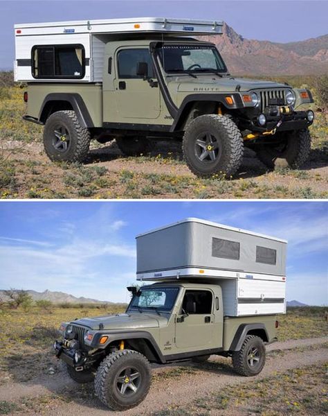 Jeep Brute Camper... at the link you can see the inside of the camper.  Great layout. Jeep Brute, Camping Jeep, Kombi Motorhome, Pickup Camper, Slide In Camper, Truck Bed Camper, Jeep Camping, Truck Flatbeds, Overland Truck