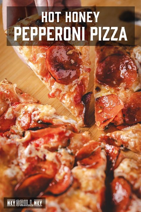 Pepperoni Pizza with Hot Honey - Hey Grill, Hey Peperoni Pizza Recipes, Hot Honey Pepperoni Pizza, Honey Pepperoni Pizza, Pizza With Hot Honey, Grilled Pizza Dough, Pepperoni And Mozzarella, Honey Pizza, Hey Grill Hey, Ricotta Pizza