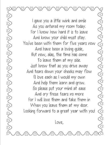 kindergarten kidlets: poem for parents (first day of school) First Day Of School Poem For Parents, First Day Of Preschool Poem, Portfolio Preschool, First Day Poem, Poem For Parents, Back To School Poem, School Poem, Kindergarten Poems, Birthday Poem