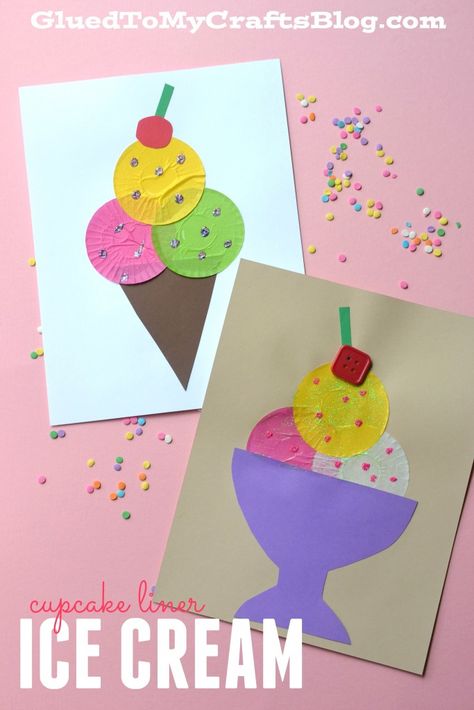 Cupcake Liner Ice Cream - Kid Craft Cupcake Craft, Cupcake Liner Crafts, Cupcake Crafts, Ice Cream Kids, Ice Cream Crafts, Idea For Summer, Ice Cream Theme, Sand Paper, Summer Crafts For Kids